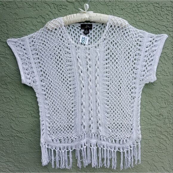 NWT ALLEGRA Gorgeous White Knit See-Thru Round Neck Cover-up w/Tassels Large - Picture 1 of 10